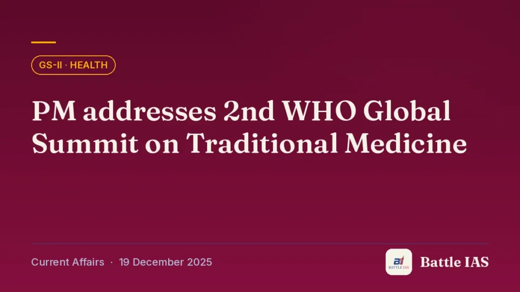 Battle IAS current affairs title card: PM addresses 2nd WHO Global Summit on Traditional Medicine (GS2 · Health, 19 December 2025)