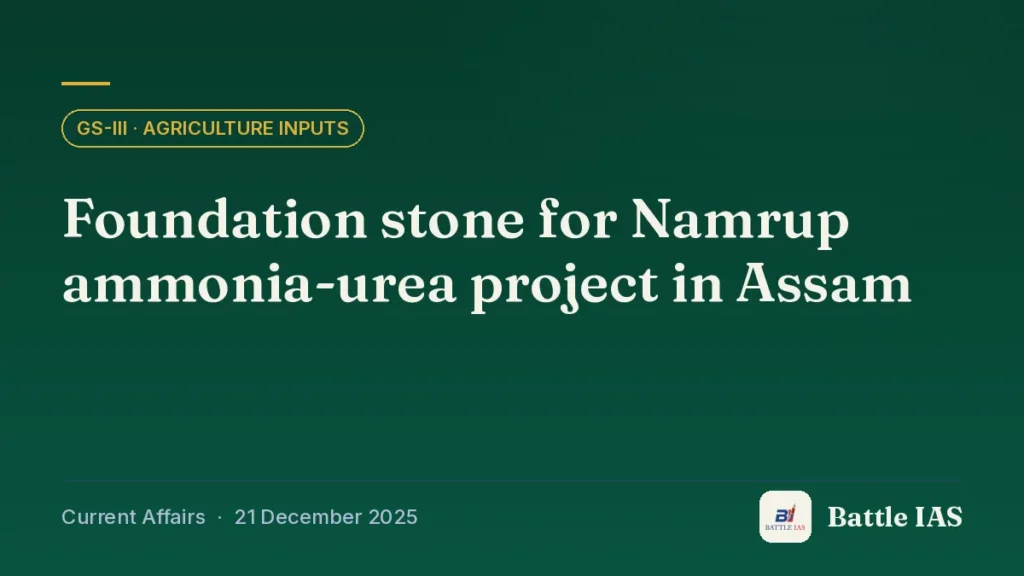 Battle IAS current affairs title card: Foundation stone for Namrup ammonia-urea project in Assam (GS3 · Agriculture inputs, 21 December 2025)
