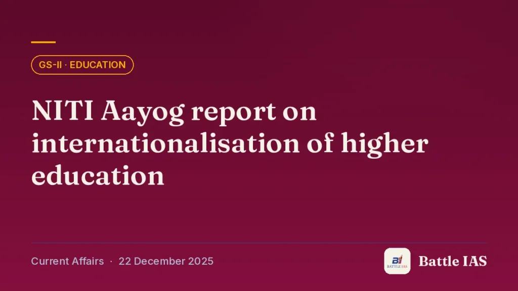 Battle IAS current affairs title card: NITI Aayog report on internationalisation of higher education (GS2 · Education, 22 December 2025)