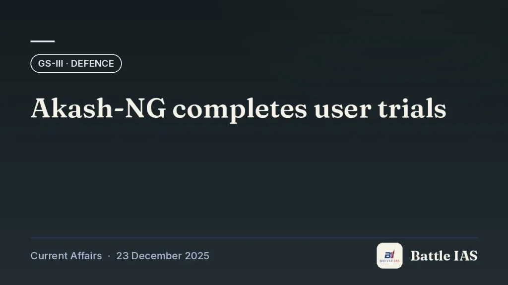 Battle IAS current affairs title card: Akash-NG completes user trials (GS3 · Defence, 23 December 2025)