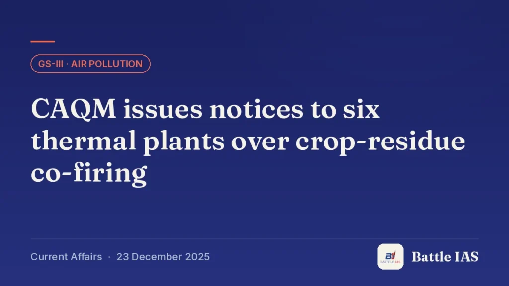 Battle IAS current affairs title card: CAQM issues notices to six thermal plants over crop-residue co-firing (GS3 · Air pollution, 23 December 2025)
