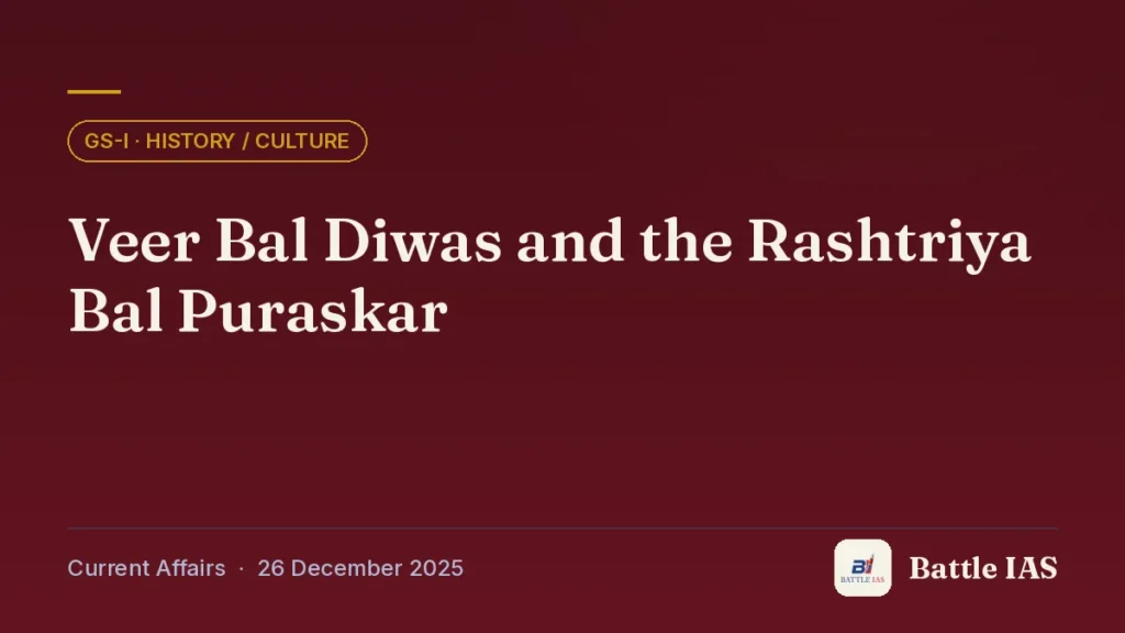 Battle IAS current affairs title card: Veer Bal Diwas and the Rashtriya Bal Puraskar (GS1 · History / culture, 26 December 2025)