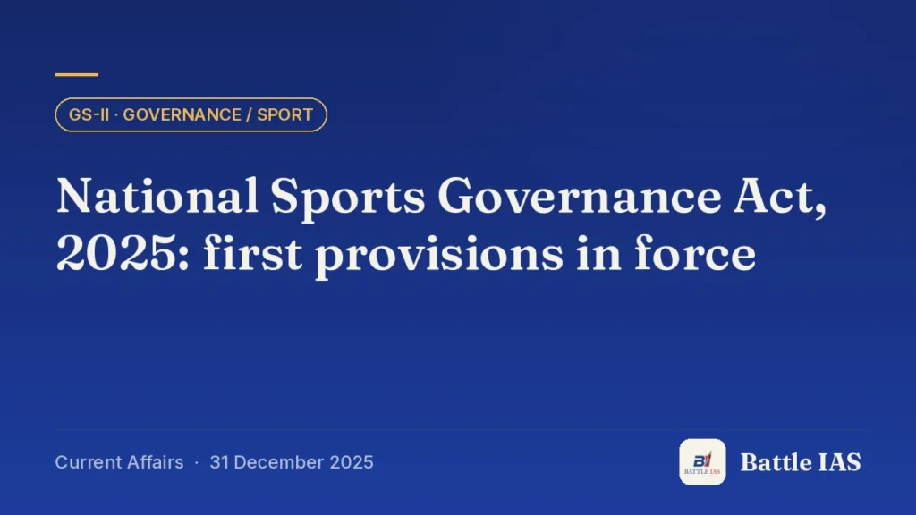 Battle IAS current affairs title card: National Sports Governance Act, 2025: first provisions in force (GS2 · Governance / sport, 31 December 2025)