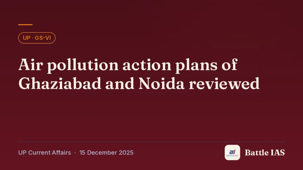 Battle IAS UP current affairs title card: Air pollution action plans of Ghaziabad and Noida reviewed (, 15 December 2025)