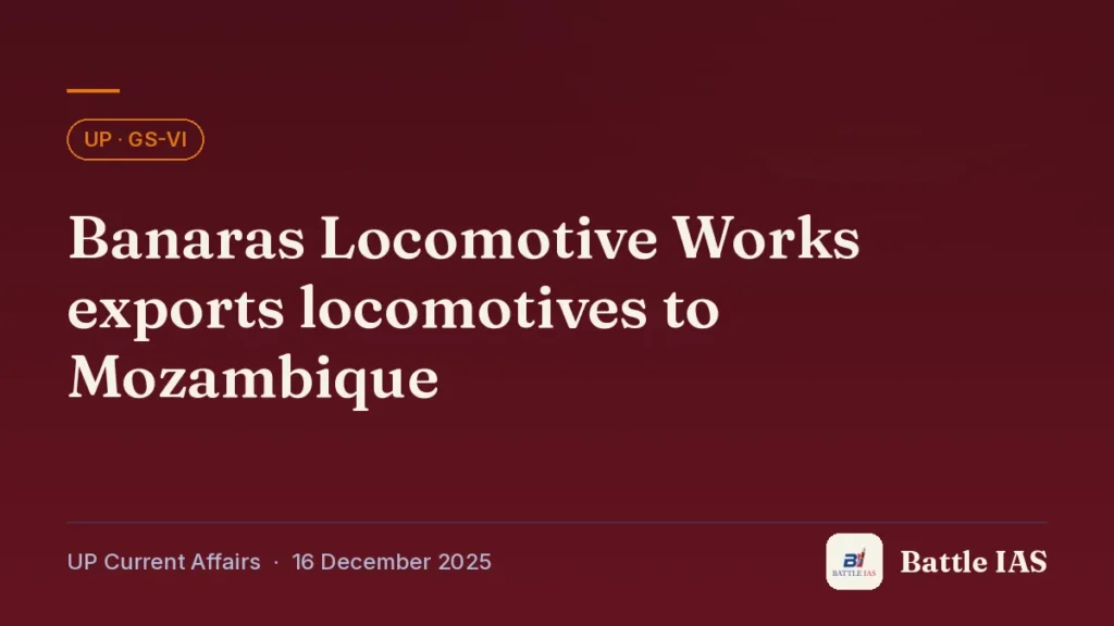 Battle IAS UP current affairs title card: Banaras Locomotive Works exports locomotives to Mozambique (, 16 December 2025)