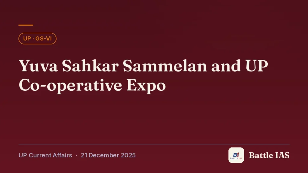 Battle IAS UP current affairs title card: Yuva Sahkar Sammelan and UP Co-operative Expo (, 21 December 2025)