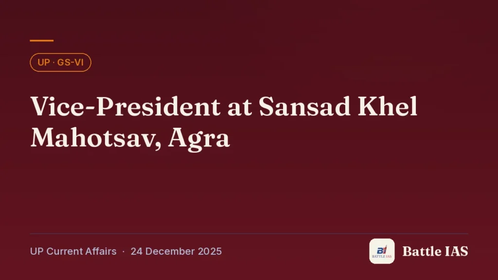 Battle IAS UP current affairs title card: Vice-President at Sansad Khel Mahotsav, Agra (, 24 December 2025)