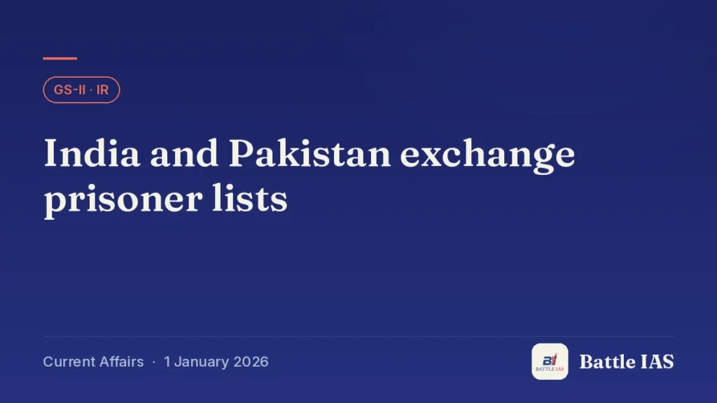 Battle IAS current affairs title card: India and Pakistan exchange prisoner lists (GS2 · IR, 1 January 2026)