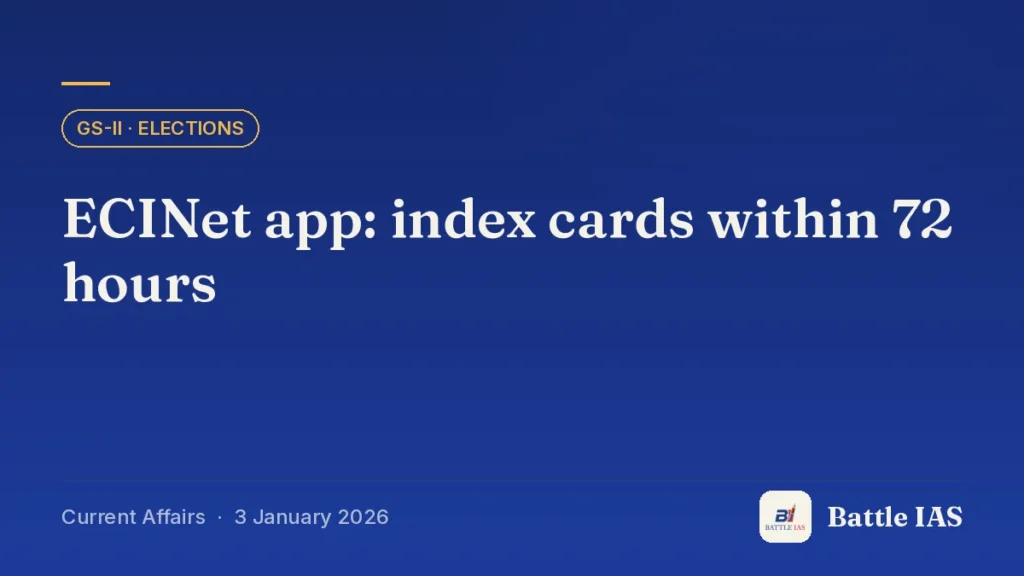 Battle IAS current affairs title card: ECINet app: index cards within 72 hours (GS2 · Elections, 3 January 2026)