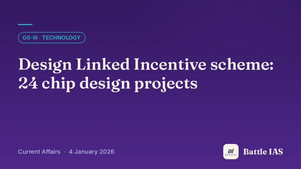 Battle IAS current affairs title card: Design Linked Incentive scheme: 24 chip design projects (GS3 · Technology, 4 January 2026)