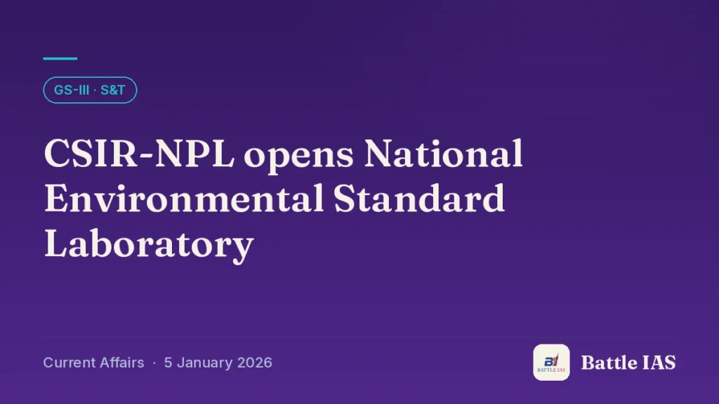 Battle IAS current affairs title card: CSIR-NPL opens National Environmental Standard Laboratory (GS3 · S&T, 5 January 2026)