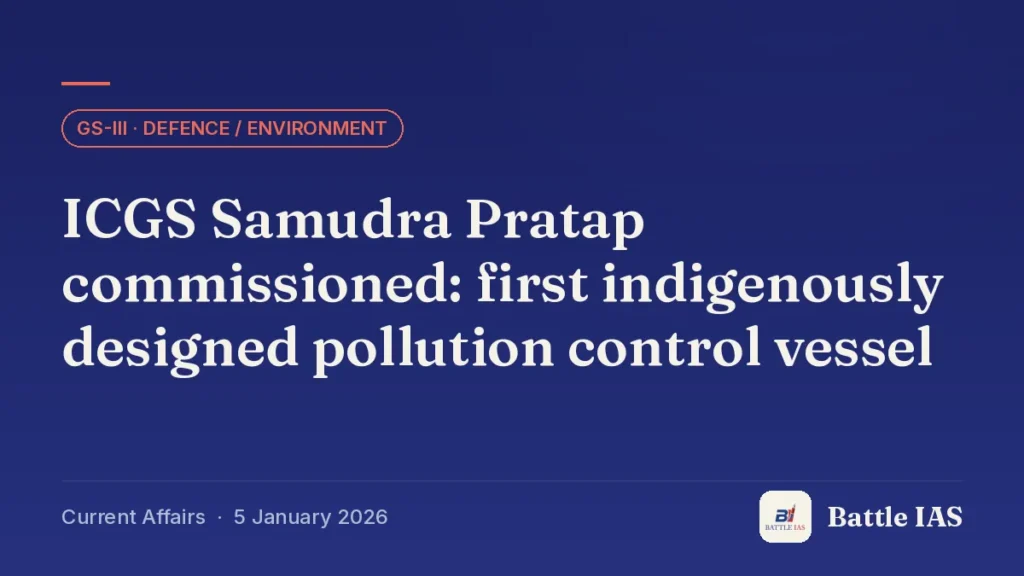 Battle IAS current affairs title card: ICGS Samudra Pratap commissioned: first indigenously designed pollution control vessel (GS3 · Defence / environment, 5 January 2026)