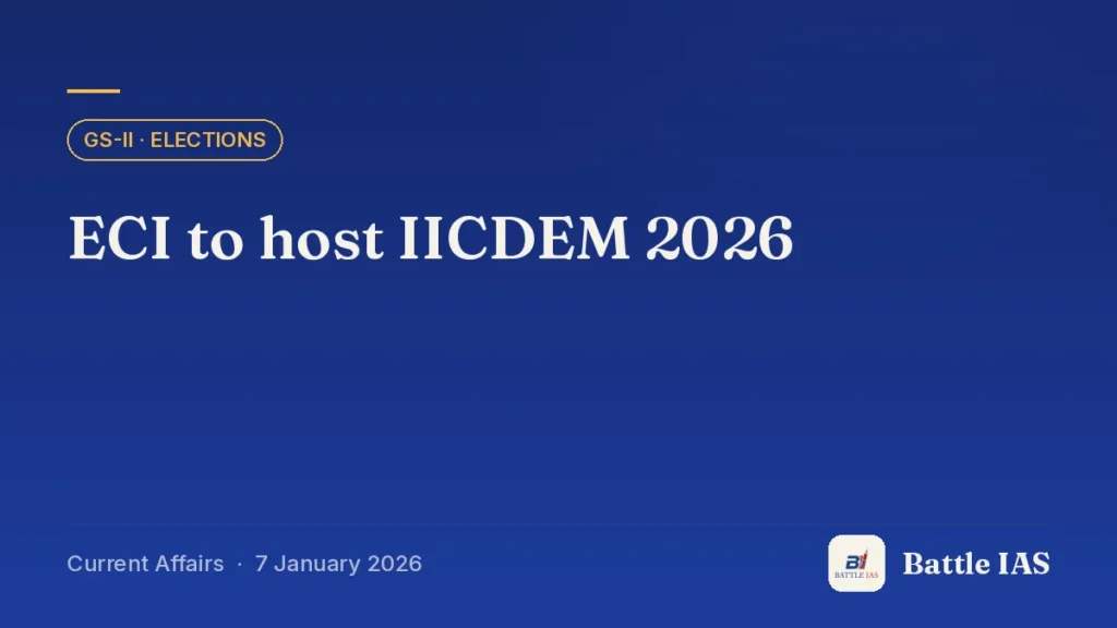 Battle IAS current affairs title card: ECI to host IICDEM 2026 (GS2 · Elections, 7 January 2026)