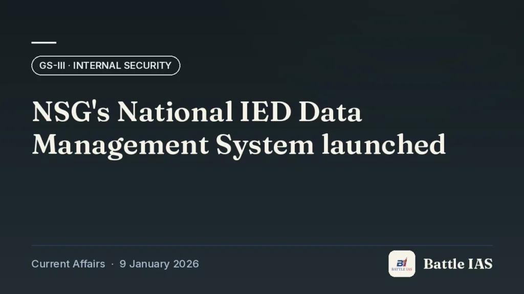 Battle IAS current affairs title card: NSG's National IED Data Management System launched (GS3 · Internal security, 9 January 2026)