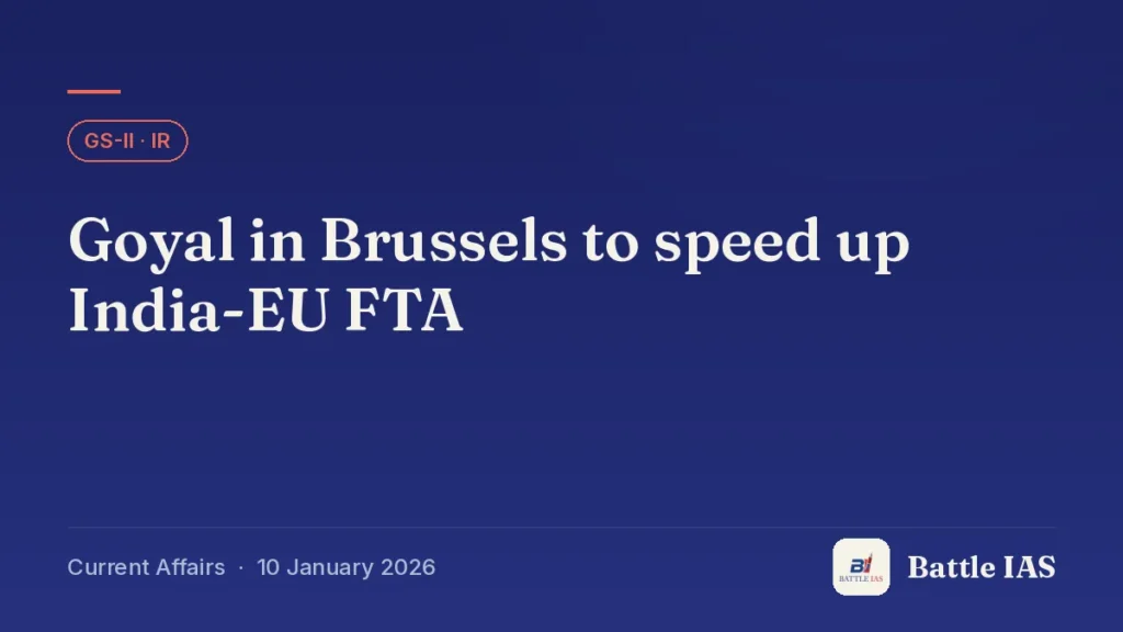 Battle IAS current affairs title card: Goyal in Brussels to speed up India-EU FTA (GS2 · IR, 10 January 2026)