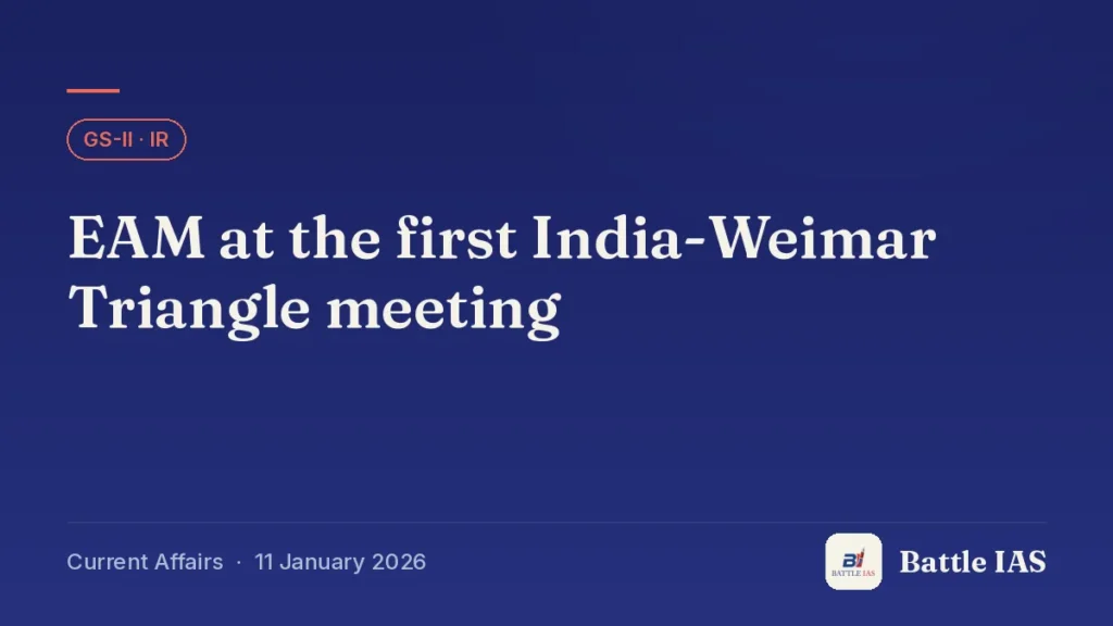 Battle IAS current affairs title card: EAM at the first India-Weimar Triangle meeting (GS2 · IR, 11 January 2026)