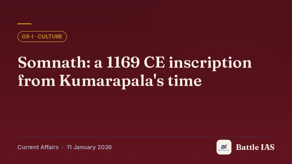 Battle IAS current affairs title card: Somnath: a 1169 CE inscription from Kumarapala's time (GS1 · Culture, 11 January 2026)