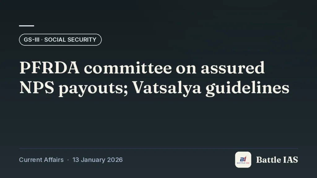 Battle IAS current affairs title card: PFRDA committee on assured NPS payouts; Vatsalya guidelines (GS3 · Social security, 13 January 2026)