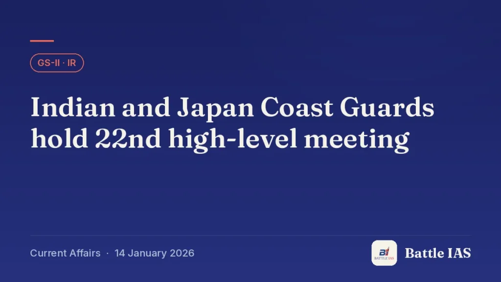 Battle IAS current affairs title card: Indian and Japan Coast Guards hold 22nd high-level meeting (GS2 · IR, 14 January 2026)