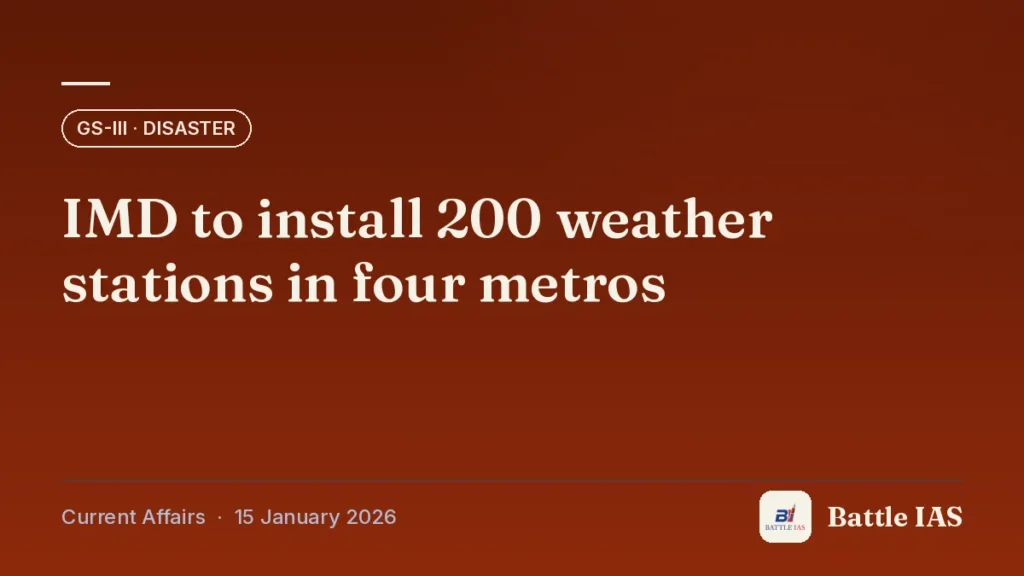 Battle IAS current affairs title card: IMD to install 200 weather stations in four metros (GS3 · Disaster, 15 January 2026)