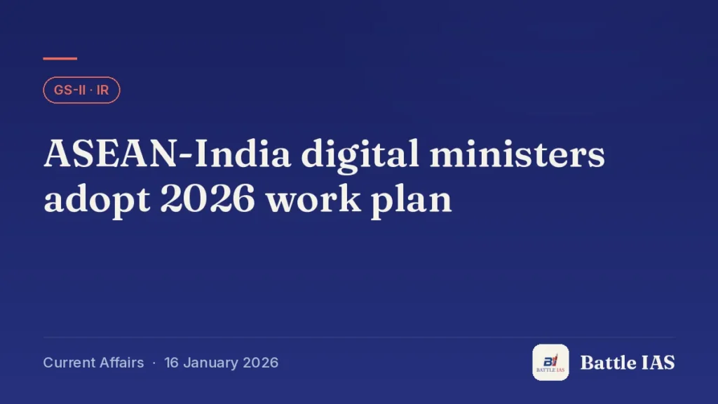Battle IAS current affairs title card: ASEAN-India digital ministers adopt 2026 work plan (GS2 · IR, 16 January 2026)