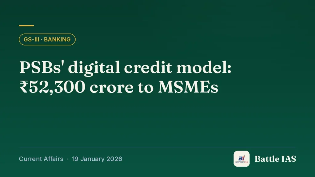 Battle IAS current affairs title card: PSBs' digital credit model: ₹52,300 crore to MSMEs (GS3 · Banking, 19 January 2026)