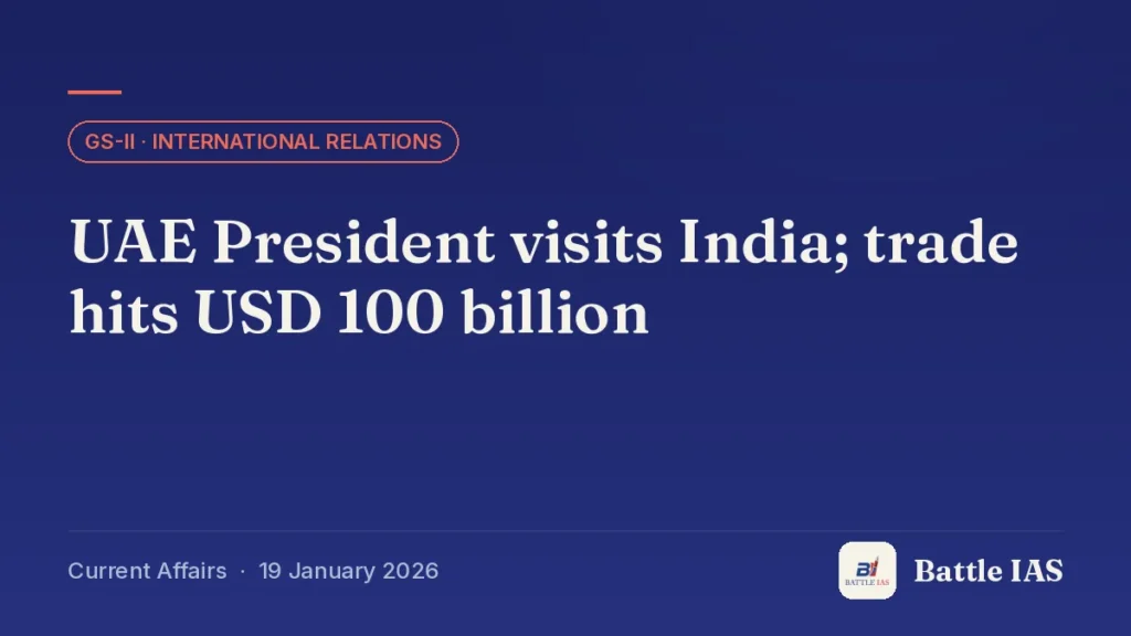 Battle IAS current affairs title card: UAE President visits India; trade hits USD 100 billion (GS2 · International relations, 19 January 2026)