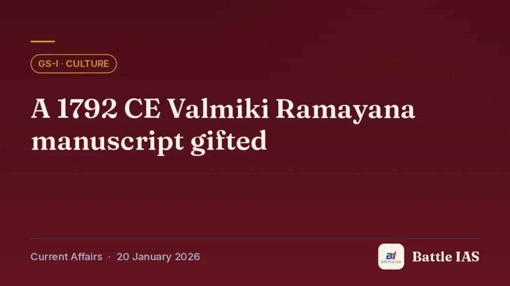 Battle IAS current affairs title card: A 1792 CE Valmiki Ramayana manuscript gifted (GS1 · Culture, 20 January 2026)