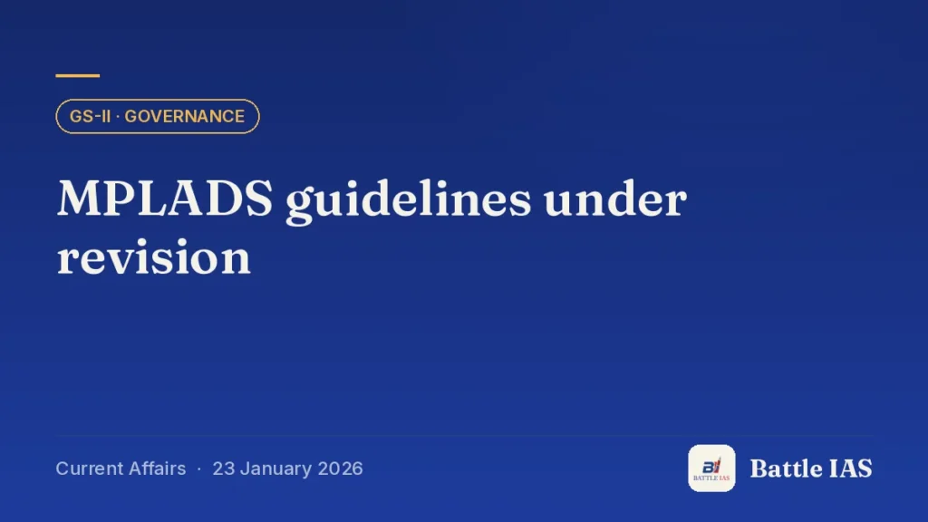Battle IAS current affairs title card: MPLADS guidelines under revision (GS2 · Governance, 23 January 2026)