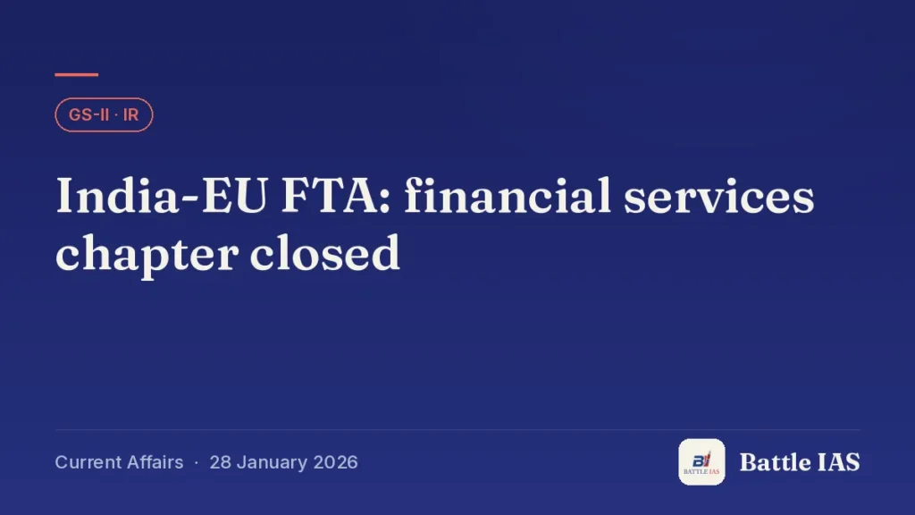 Battle IAS current affairs title card: India-EU FTA: financial services chapter closed (GS2 · IR, 28 January 2026)