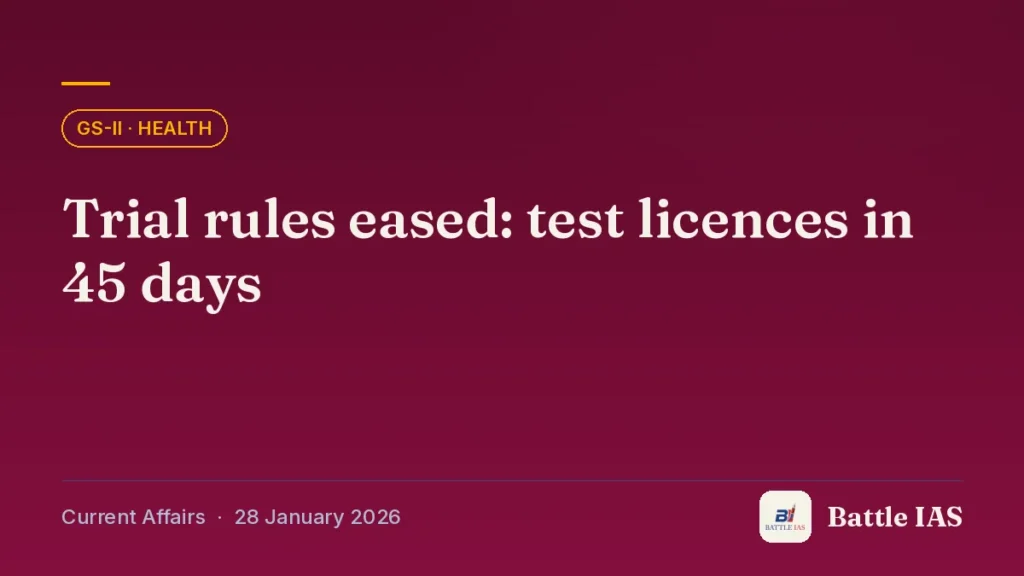 Battle IAS current affairs title card: Trial rules eased: test licences in 45 days (GS2 · Health, 28 January 2026)