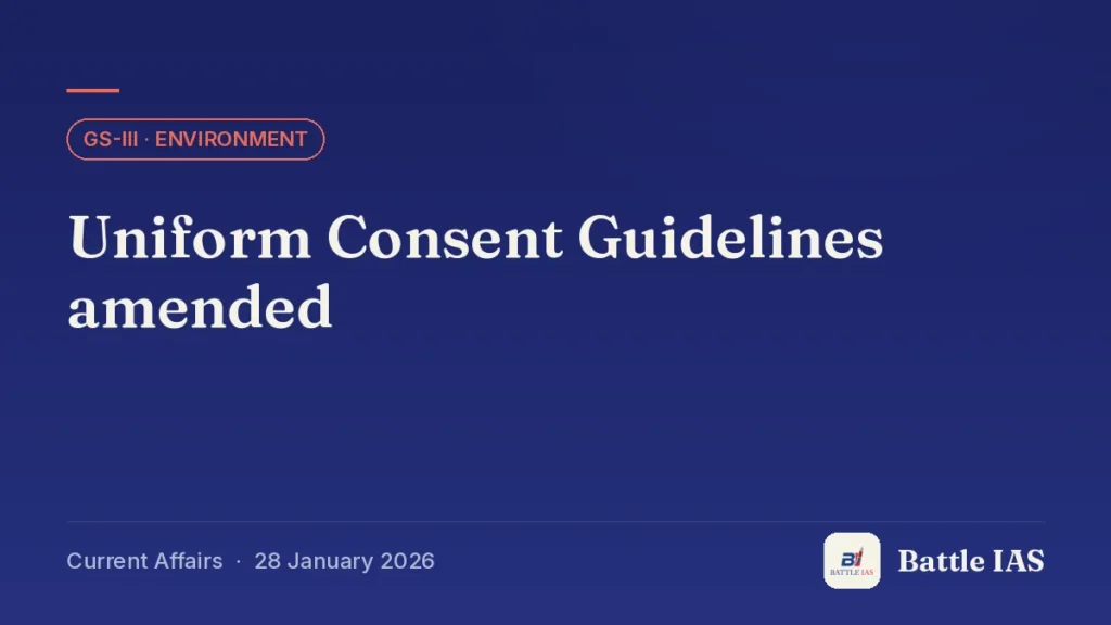 Battle IAS current affairs title card: Uniform Consent Guidelines amended (GS3 · Environment, 28 January 2026)