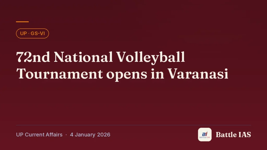 Battle IAS UP current affairs title card: 72nd National Volleyball Tournament opens in Varanasi (, 4 January 2026)