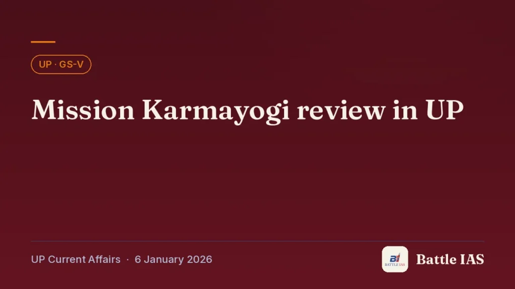 Battle IAS UP current affairs title card: Mission Karmayogi review in UP (, 6 January 2026)