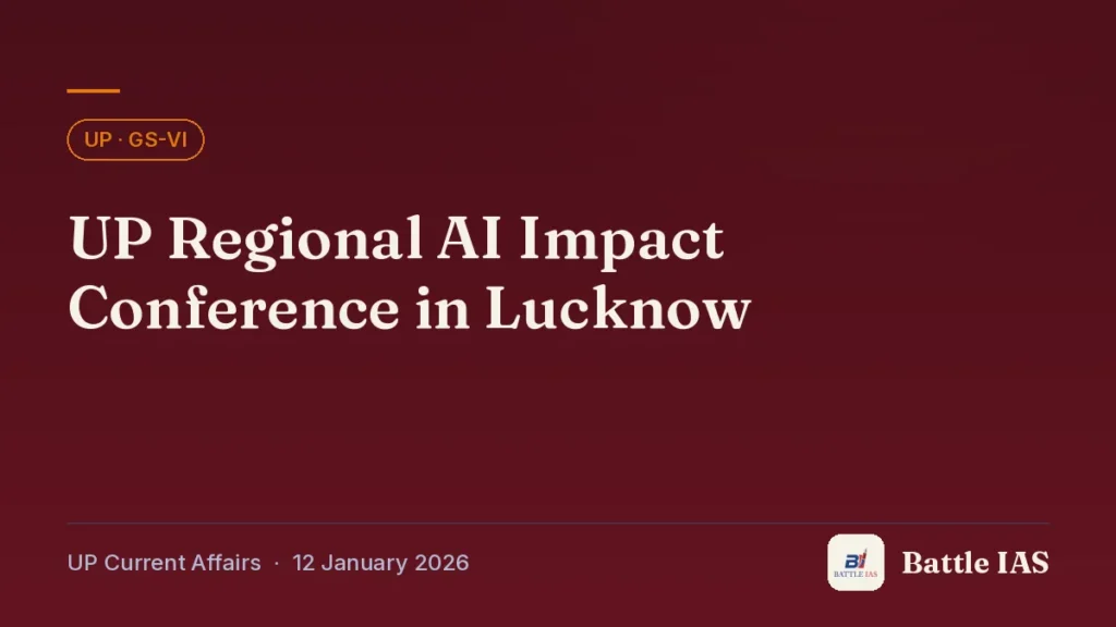 Battle IAS UP current affairs title card: UP Regional AI Impact Conference in Lucknow (, 12 January 2026)