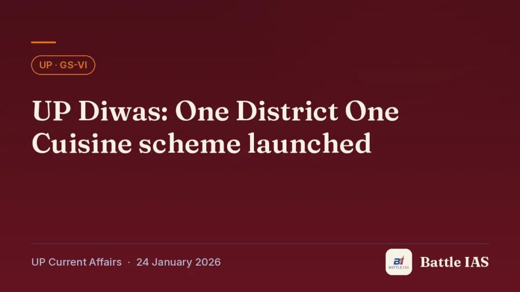 Battle IAS UP current affairs title card: UP Diwas: One District One Cuisine scheme launched (, 24 January 2026)