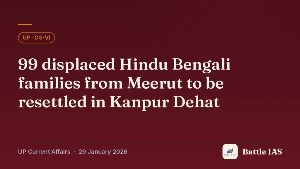 Battle IAS UP current affairs title card: 99 displaced Hindu Bengali families from Meerut to be resettled in Kanpur Dehat (, 29 January 2026)