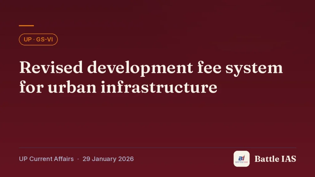 Battle IAS UP current affairs title card: Revised development fee system for urban infrastructure (, 29 January 2026)