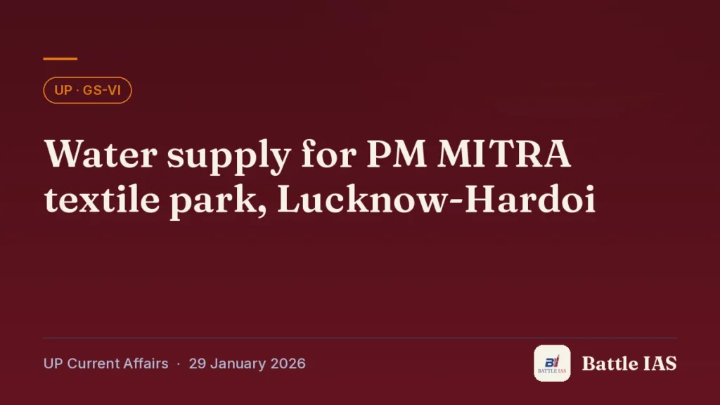 Battle IAS UP current affairs title card: Water supply for PM MITRA textile park, Lucknow-Hardoi (, 29 January 2026)