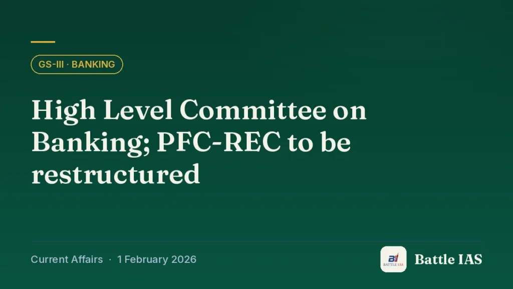 Battle IAS current affairs title card: High Level Committee on Banking; PFC-REC to be restructured (GS3 · Banking, 1 February 2026)