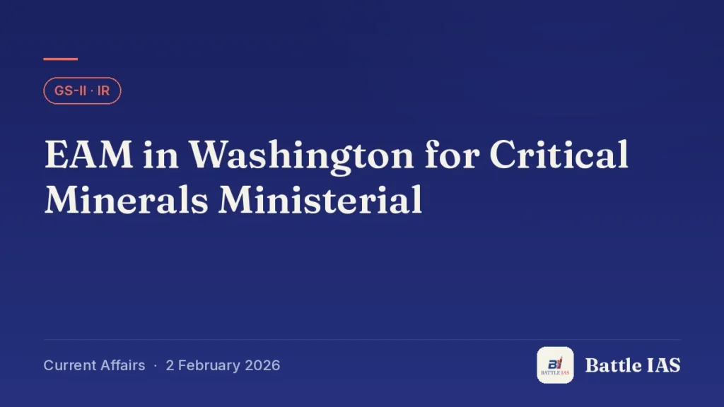 Battle IAS current affairs title card: EAM in Washington for Critical Minerals Ministerial (GS2 · IR, 2 February 2026)