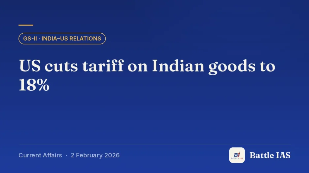 Battle IAS current affairs title card: US cuts tariff on Indian goods to 18% (GS2 · India–US relations, 2 February 2026)