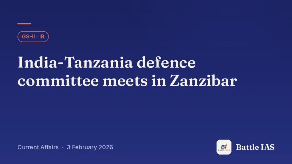 Battle IAS current affairs title card: India-Tanzania defence committee meets in Zanzibar (GS2 · IR, 3 February 2026)