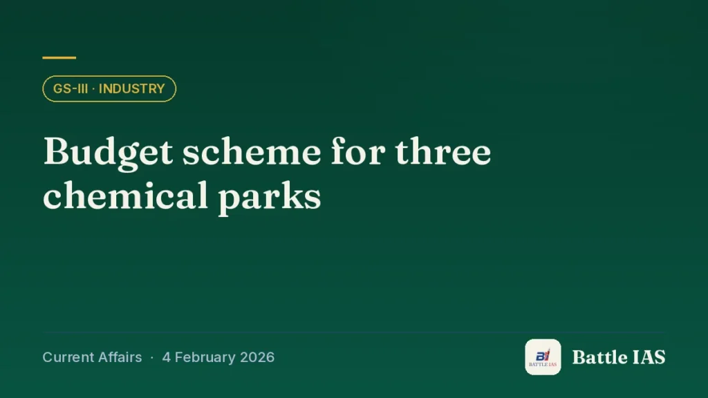 Battle IAS current affairs title card: Budget scheme for three chemical parks (GS3 · Industry, 4 February 2026)