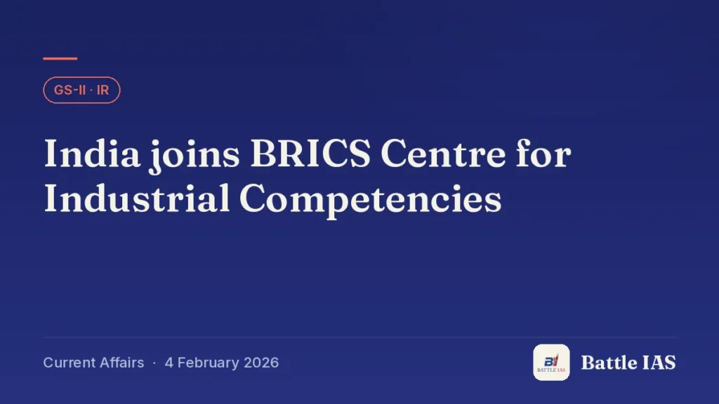 Battle IAS current affairs title card: India joins BRICS Centre for Industrial Competencies (GS2 · IR, 4 February 2026)