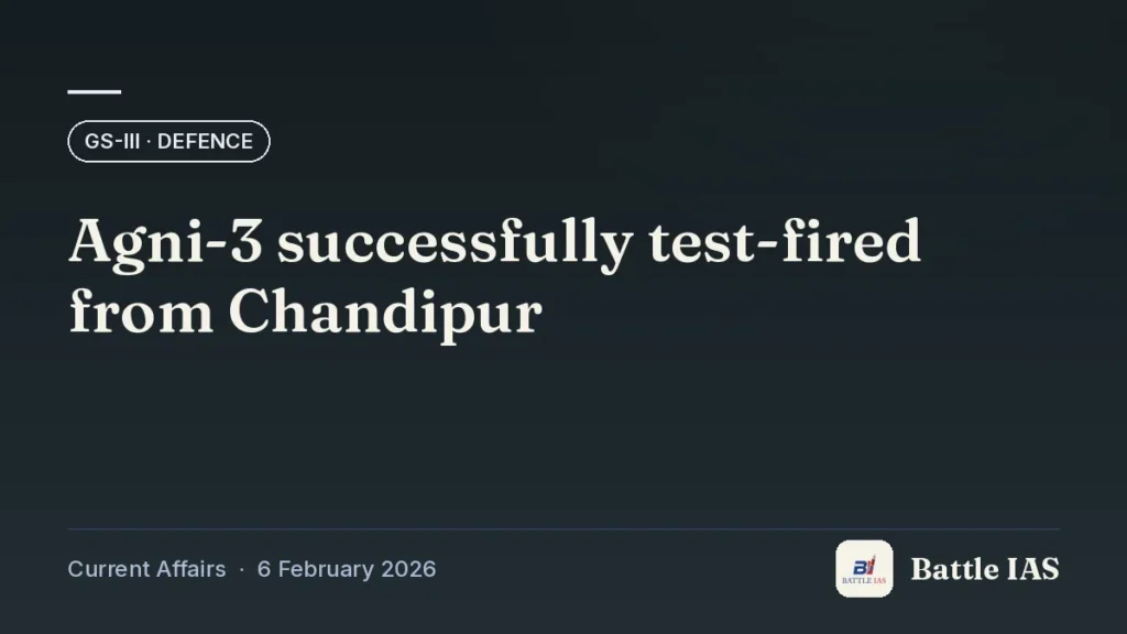Battle IAS current affairs title card: Agni-3 successfully test-fired from Chandipur (GS3 · Defence, 6 February 2026)