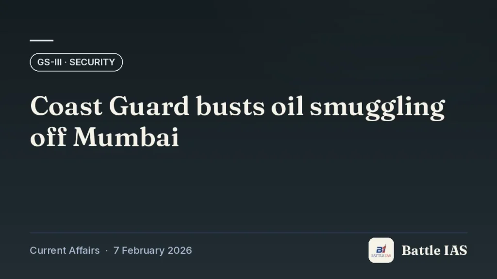 Battle IAS current affairs title card: Coast Guard busts oil smuggling off Mumbai (GS3 · Security, 7 February 2026)