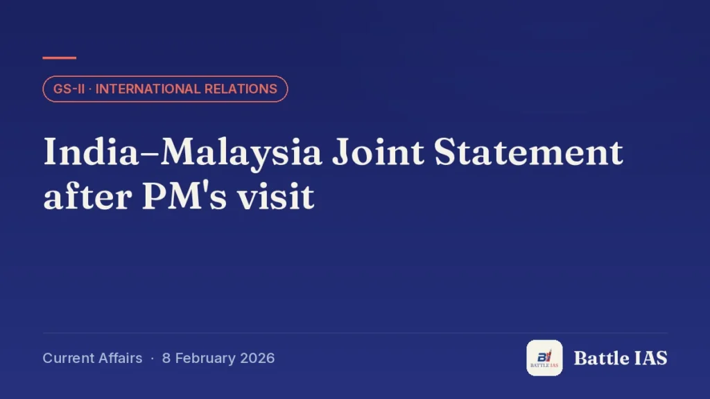 Battle IAS current affairs title card: India–Malaysia Joint Statement after PM's visit (GS2 · International relations, 8 February 2026)