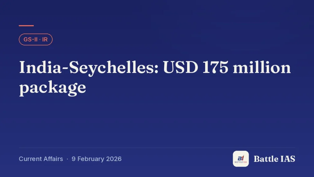 Battle IAS current affairs title card: India-Seychelles: USD 175 million package (GS2 · IR, 9 February 2026)