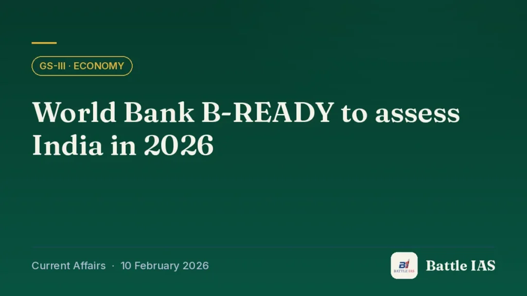 Battle IAS current affairs title card: World Bank B-READY to assess India in 2026 (GS3 · Economy, 10 February 2026)